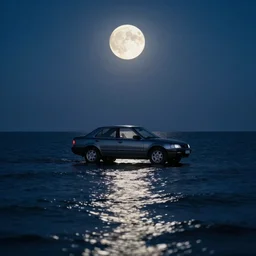 a car floating in the ocean, moon light, reflections, amazing, award - winning