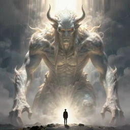 an immense huge gigantic beautiful terrifying pale humanoid giant looms over a tiny human. dramatic fantasy art by greg rutkowski