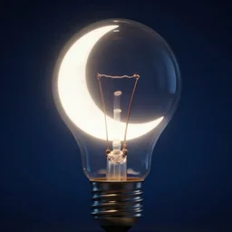 a glowing crescent moon within a lightbulb, dark blue background, midnight, Petros Afshar, award-winning