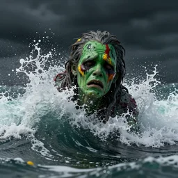 the pain is splattered on the sad monster's green face while huge waves crash against him, water sprays into the air, moody black sky, hints of red and yellow, fantasy, octane render