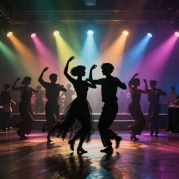 dark dancing silhuettes in a dance club, colorful lights, dramatic lighting, a lot of energy, still from an anime by studio ghibli