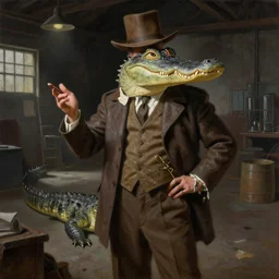 a painting of a humanoid alligator dressed as an old timey detective explaining his theory inside a dimly lit warehouse