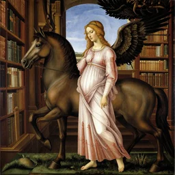 half bird half-woman stands next to a centaur in a library, by Sandro Botticelli