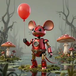 3 d render. adventurer. 1 9 5 0 s retro future robot android mouse holding a red balloon. muted colors. spooky swamp mushrooms island, lillie pads. by jean baptiste monge!!!!!!!!!!!!!!!!!!!!!!!!! chrome red