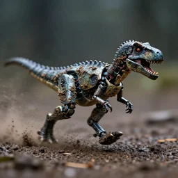 action photography, long shot, dark and rainy, award winning macro photo of an ultra detailed intricate tiny muddy robotic dinosaur running very fast on mud, dirt and dust, fast shutter speed, motion blur, tiny gaussian blur, highly detailed, highly intricate, depth of field, national geographic