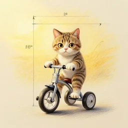 ragdoll cat riding a tricycle, golden ratio, golden hour, color pencil drawing