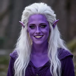 violet skinned Kristen Stewart as a smiling Elf wizard with white hair. Smooth violet skin. Dark violet skin. Photorealistic digital art trending on artstation, artgem, 4k HD
