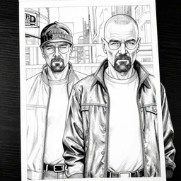 walter white and jesse pinkman, breaking bad, cyberpunk 2 0 2 0 manual, by steampoweredmikej, by tim bradstreet, inktober, ink drawing, black and white, coloring pages, manga, highly detailed