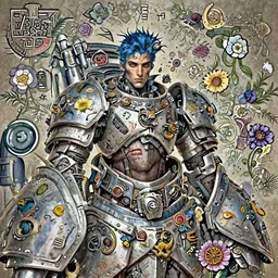 portrait of beautiful young man, warhammer, cyber style, cyberpunk armor, a lot of more scars, more and more flowers, blue head, the middle ages, highly detailed, artstation, illustration, artgerm sylvari portrait, 8 k quality, art by rene magritte