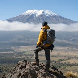 a proud climber on the top of kilimanjaro, looking out over serengeti super detail, realistic professional photo