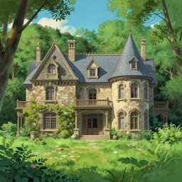 beautiful old mansion surrounded by lushwoods in style of ghibli