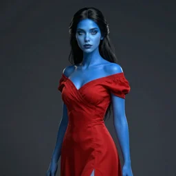 woman with blue skin, wearing a red dress, fantasy art, artstation