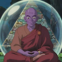 a film still portrait of a mauve old monk meditating inside a pyramid bubble in paradise. finely detailed features, closeup at the faces, chronenberg, perfect art, grimdark, trending on pixiv fanbox, painted by studio ghibli
