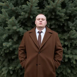 White chubby clean-shaven man wearing a chocolate brown overcoat and necktie is resting under a giant evergreen tree