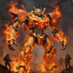a giant fire mecha, tim hildebrandt, wayne barlowe, bruce pennington, donato giancola, trending on artstation, cinematic composition, beautiful lighting, hyper detailed, 8 k, oil on canvas