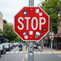 stop sign covered in various stickers and spray paint art at a busy street corner
