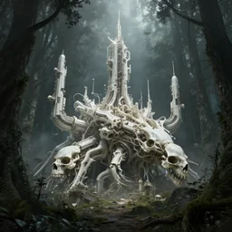 concept art of a white bone biopunk science complex in a dark forest, beautiful fantasy landscape, sharp focus, hyper detailed, hyperrealism, volumetric, by federico pelat and stephan martiniere and hr giger, unreal engine 5, ominous, misty, volumetric lighting, 8 k