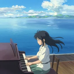 Anime girl playing piano on blue water, long!! distance camera, wide angle, large angle, full body shot, landscape, Cushart Krenz, Shinkai Makoto, lots of details, extremely detailed, 4k