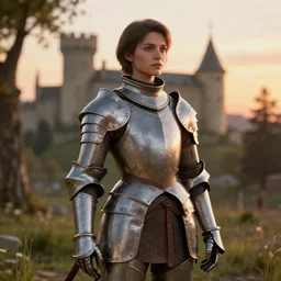 half - body, female teutonic knight, short hair, elegant, super detailed, 1 6 k, natural, octane render, sunset, trees, castle, warm lighting, greg rutkowski, rossdraws, ruan jia, wlop, sharp focus