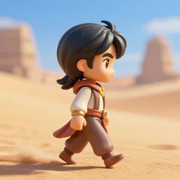 a profile view of young aladdin as nendoroid walking in a desert in the croods movie style, 8 k, hd, dof, kodak film, volumetric lighting, subsurface scattering, photorealistic, octane render