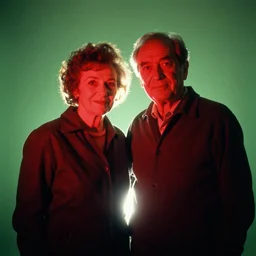 a medium shot, colored studio photographic portrait of a old couple, dramatic backlighting from below, below light, kodachrome camera, kodachrome, with strong reds and greens, 1 9 9 9 photo from life magazine,