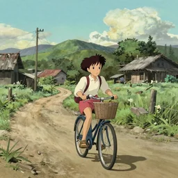 a young girl riding a bike with a basket on a dirt path in a small town, 1970s philippines, art by hayao miyazaki, studio ghibli film, hi res, 4k