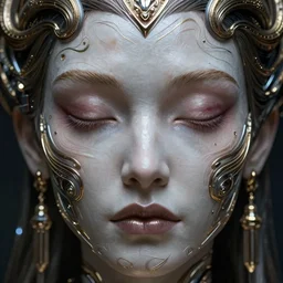 ultra realistic beautiful cyborg deity eyes closed, scifi, cyberpunk, fantasy, intricate details, movie still, highly detailed, photorealistic, octane render, eerie, 8k, art by artgerm and alphonse mucha