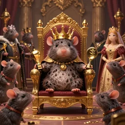 an evil sewer rat wearing a golden crown, sitting on a throne, in a throne room, surrounded by rats dressed as lords and ladies, prize winning, trending on artstation, fantasy illustration, warm tones, comedic, digital art