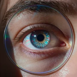 a close up of a person's eye in space, a hologram by paul bodmer, cgsociety, holography, redshift, sense of awe, trance compilation cd