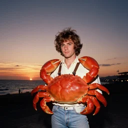 cosplayer dressed like a crab, in 1 9 8 5, sunset view, royalcore, low - light photograph, photography by tyler mitchell