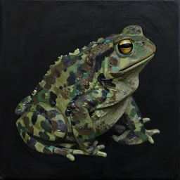 shape of toads, camouflage pattern, camo made of frogs, minimal, abstract, acrylic, oil, clay, stipples, stippling, glitch, datamosh, data, cybernetic, splotches, painting, dark, eerie