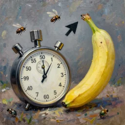 oil painting impressionist stopwatch clock and banana arrow flying through the air, ( bugs flies buzzing around ), whimsical, detailed,