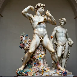 beautiful epic intricate colourful marble warrior sculpture by michelangelo buonarroti and by gian lorenzo bernini, colourful colour paint splashes, covered in corals, 8 k render