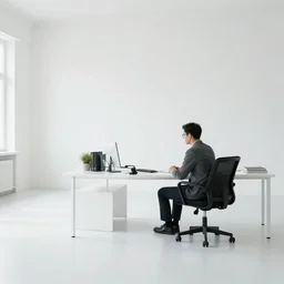 a man sitting in a white empty office near his table