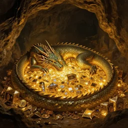 dragon sleeping on a mound of treasure. cave. warm glow. shimmering treasure. painted by rembrandt, thomas cole, sasha beliaev. cinematic, epic composition, dramatic lighting, intricate scales, handpainted