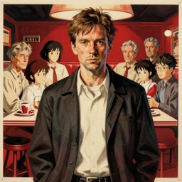 agent dale cooper from twin peaks, by lucian freud and drew struzan, hayao miyazaki, makoto shinkai, takashi takeuchi, by anne stokes and larry elmore, diner background, detailed, cream red and black colour scheme