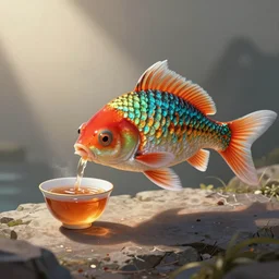 a digital painting of a magical fish drinking a cup of tea