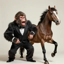 a formal portrait photograph of a screaming man transforming into a baboon and horse simultaneously
