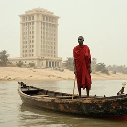 movie still by djibril diop mambety of a man in red drapery in a blood barque on a river next to a neoclassical high - rise in the desert, leica sl 2 5 0 mm, heavy grain, high quality, high detail, foggy, mud