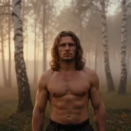 medium portrait of muscular man, solemn expression, faded color film, russian cinema, tarkovsky, kodachrome, heavy birch forest, long brown hair, old clothing, heavy fog, atmospheric haze, brown color palette, sunset, low light, dramatic lighting
