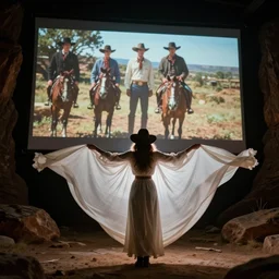 photo, a woman wearing a giant wide flowy white sheet with her arms out and a vintage western movie being projected on it, standing inside a dark western rocky scenic landscape, volumetric lighting