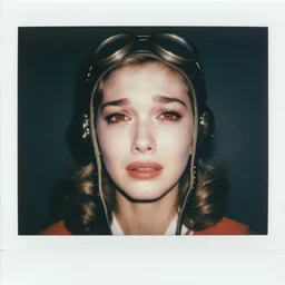 a polaroid film still of a crying 1 9 5 0's aviator girl crying!!!!, red eyes, sad dramatic, finely detailed features, perfect art, gapmoe yandere grimdark, trending on pixiv fanbox, painted by greg rutkowski makoto shinkai takashi takeuchi studio ghibli, akihiko yoshida,