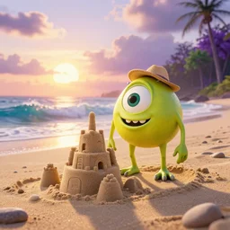 3 d render, of anthropomorphic lemon character that looks like a monster from the movie وmonsters inc, with lemon skin texture, he is wearing a hat, building a sandcastle on the beach at sunset, beach, huge waves, sun, clouds, long violet and green trees, rim light, cinematic photography, professional, sand, sandcastle, volumetric lightening