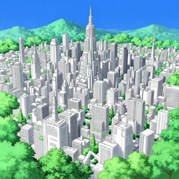 futuristic city in grey and white with lush green trees and blue sky, ilya kuvshinov, digital, concept art, kyoto animation, kawaii, yoshitaka amano, studio lighting, manga, vibrant high contrast, gradation, jean giraud, moebius, rule of thirds, fibonacci, intricate, cel shaded, flat, matte print
