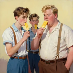 a painting of two thin male teens and one fat blonde male teen dressed in 1 9 5 0's attire and eating yellow popsicles 8 k