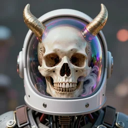 biomechanical skull inside a demon space helmet by Roberto Ferri, vintage bulb, white plastic, iridescent visor, nebulous gas. intricate artwork by Tooth Wu and wlop and beeple and dan mumford and greg rutkowski, octane render, cinematic, hyper realism, 8k, depth of field, bokeh, vibrant