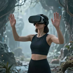 female wearing virtual reality in a surreal environment