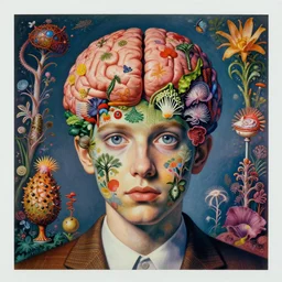 a highly detailed realistic surreal trippy weird mysterious stunning award winning intricate colorful chromatic aberration, 9 0 s toy commercial, double exposure photo from the 7 0 s, polaroid painting portrait of all of the world's botanical knowledge in one brain, by zdzislaw beksinski, by ernst haeckel, 8 k, hi - res,