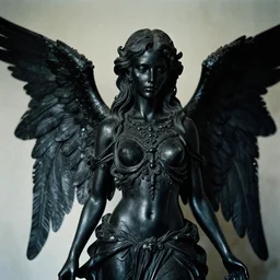 mystical black death angel statue, film photo, grainy, high detail, high resolution