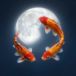 two koi fish swimming near the circle of moon, octane render